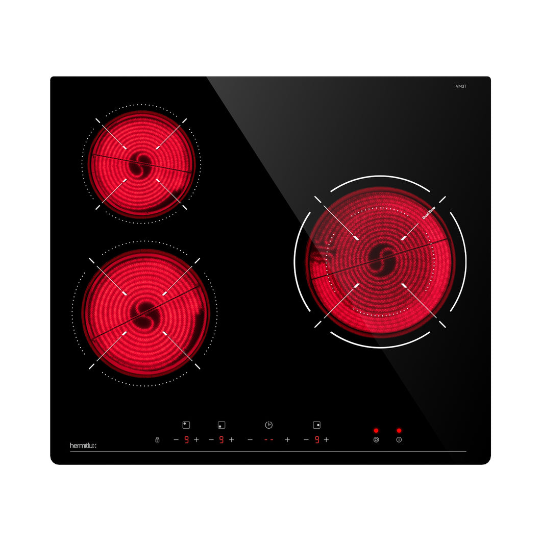 Hermitlux Ceramic Hob 3 Zones 60cm, Build-in Ceramic Hob with 9 Power Llevels, Touch Control & Timer, Safety Lock, Double Ring Heating, 5200W--VM3T