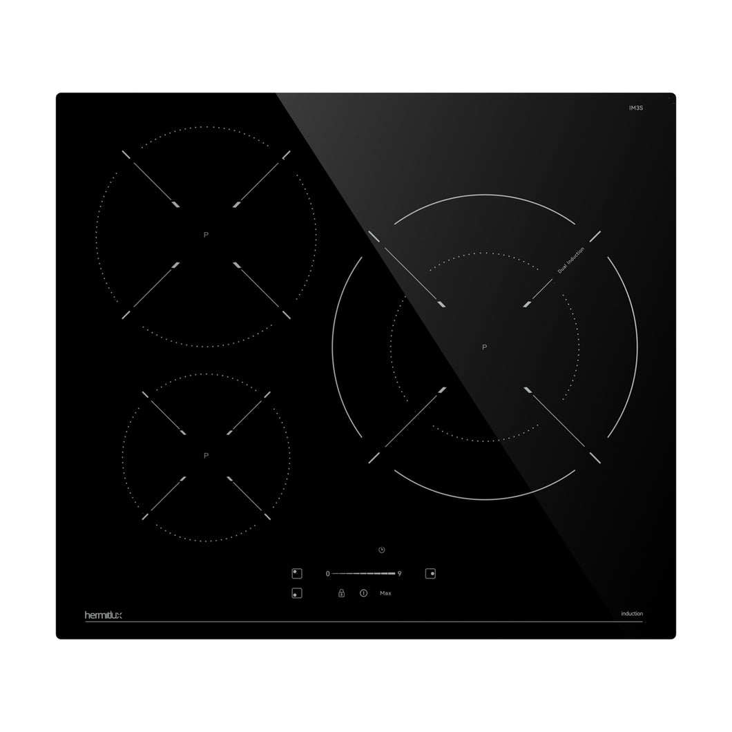 Hermitlux Induction Hob 60cm, 3 Zone Built-in Hob with 9 Power Levels, Safety Lock, Touch Control & Timer, 7400W--IM3S