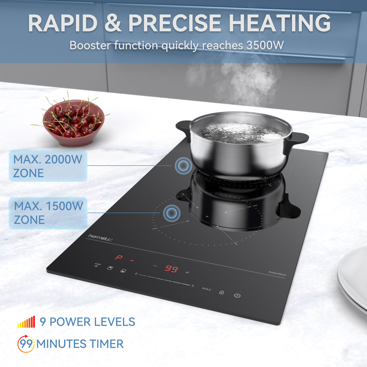 Hermitlux Induction Hob Built-in 29cm, Induction Hob with 9 Power Leve