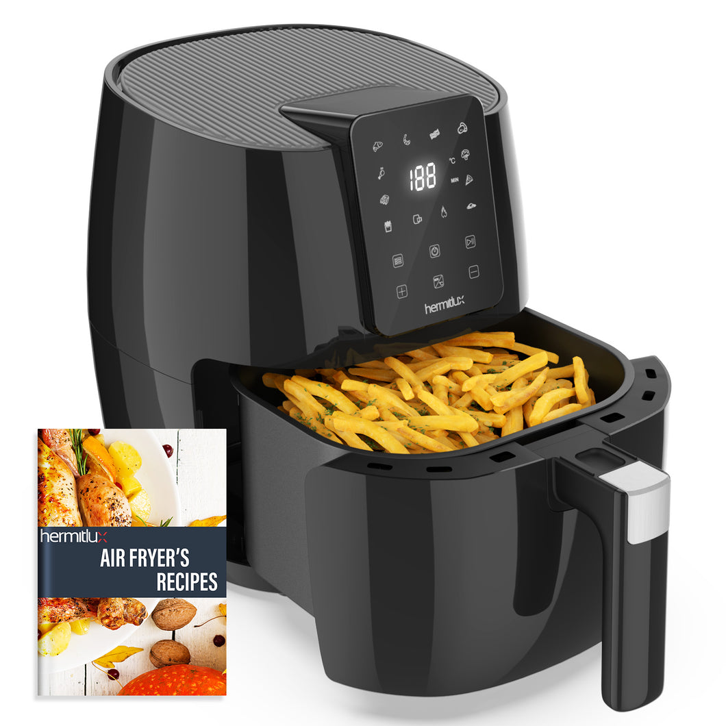 Hermitlux Air Fryer 5,5L XXL, 10 Programs Airfryer with Digital LED Touch Screen, Air Fryer without Oil, Preheat & Keep Warm, with Recipe, 1500W Dishwasher safe --	‎HAF55B31