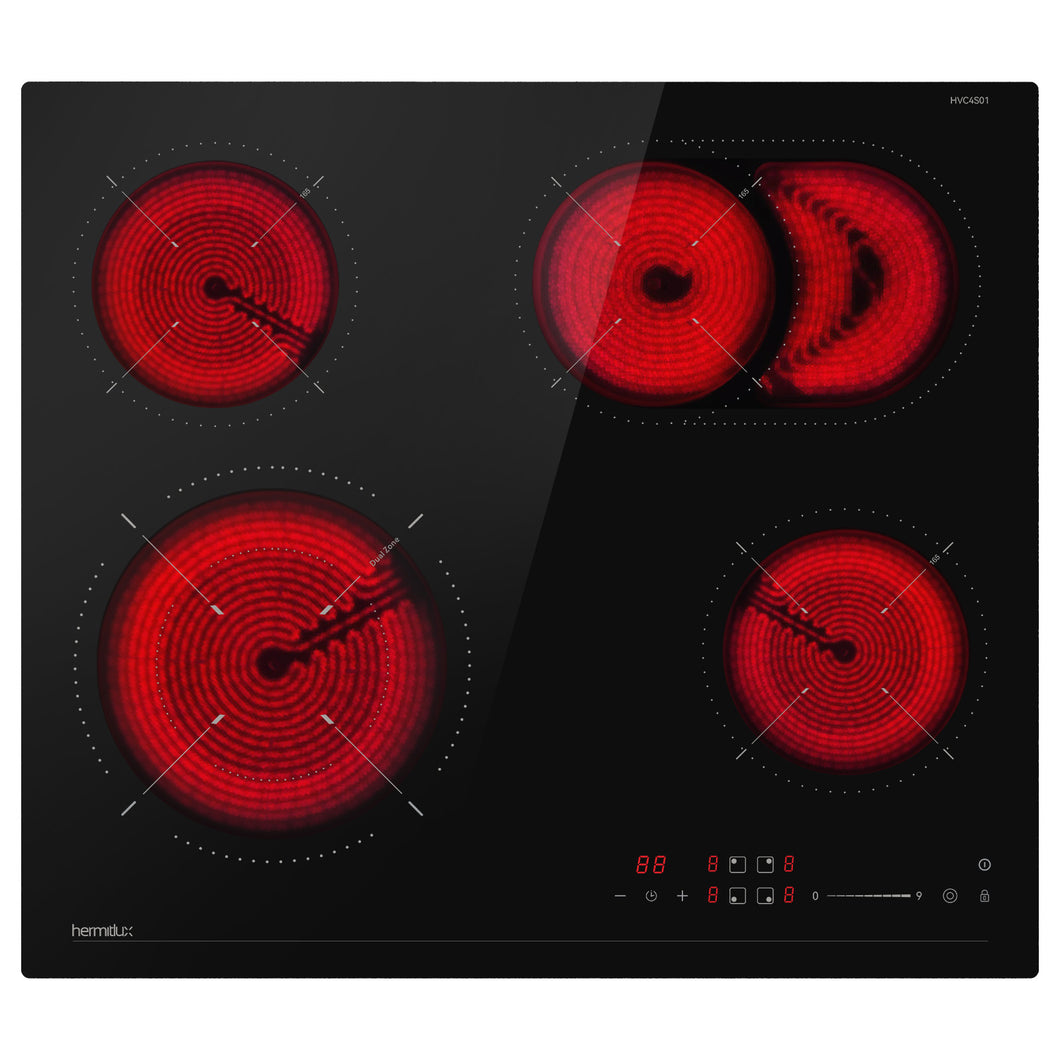 Hermitlux Ceramic Hob 59cm, Ceramic Hob 4 Zones with Dual and Oval Zones, 9 Heat Settings, Touch Control & Timer, Child lock, Suitable for all pans, No plug--HVC4S01